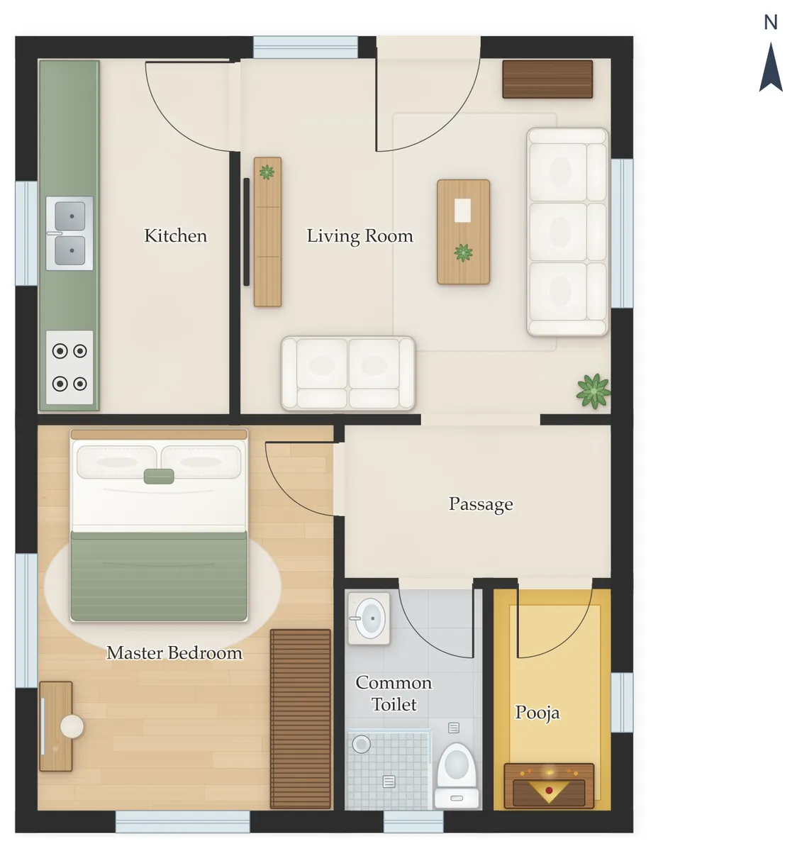20×30 North Facing 1BHK House Plan