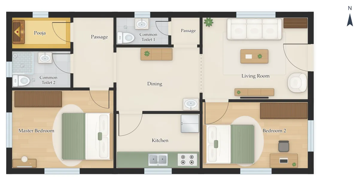 20×40 East Facing 2BHK House Plan