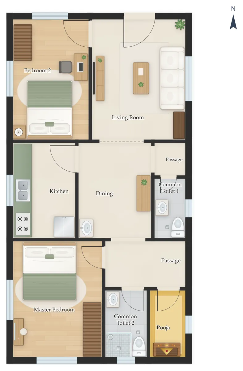 20×40 North Facing 2BHK House Plan
