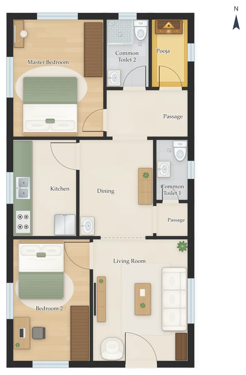 20×40 South Facing 2BHK House Plan