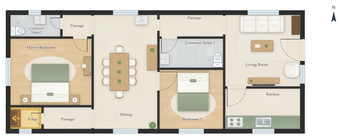 20×50 East Facing 2BHK House Plan