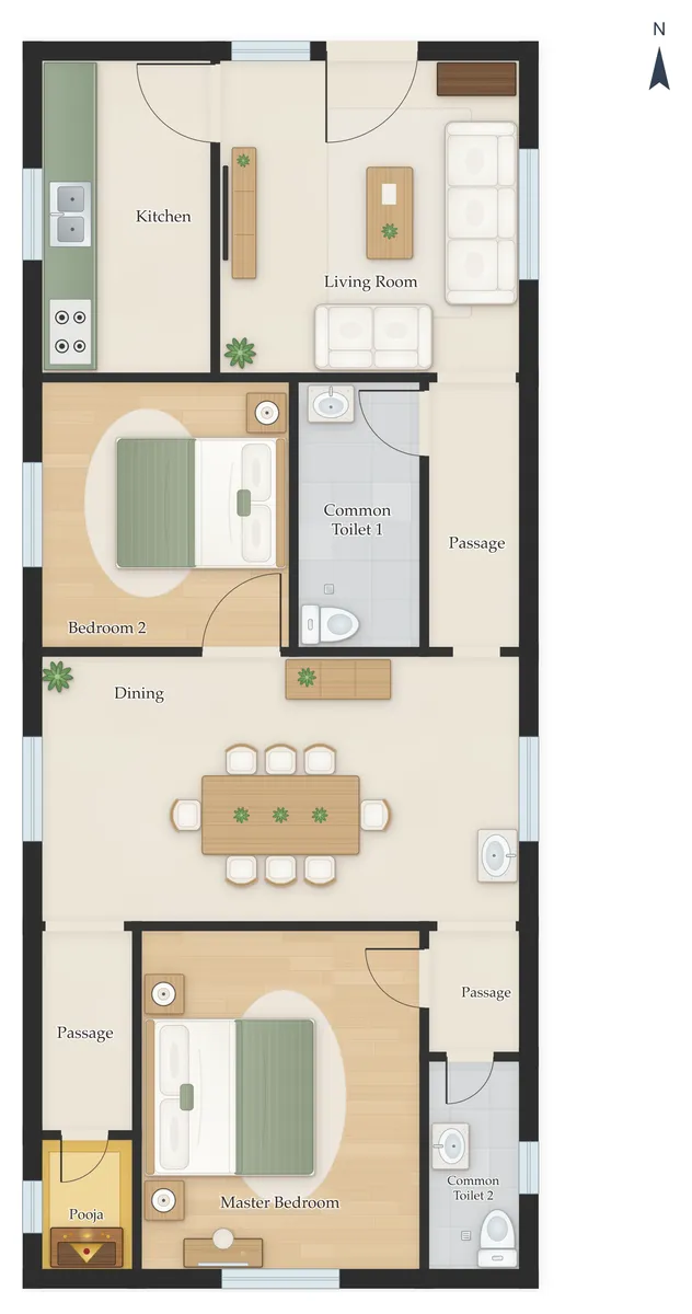 20×50 North Facing 2BHK House Plan
