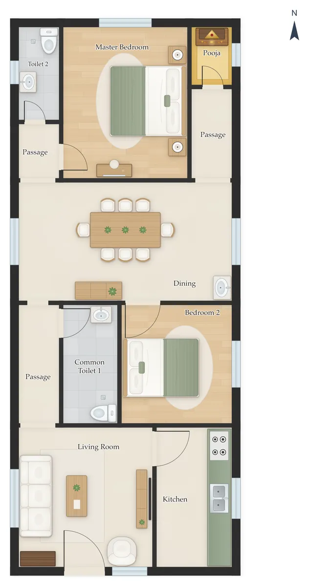20×50 South Facing 2BHK House Plan