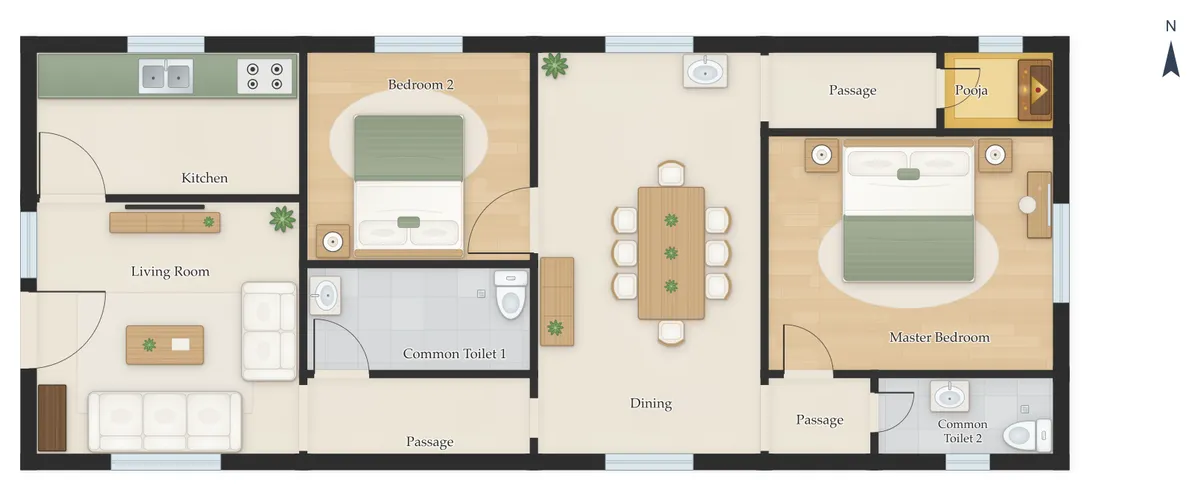 20×50 West Facing 2BHK House Plan
