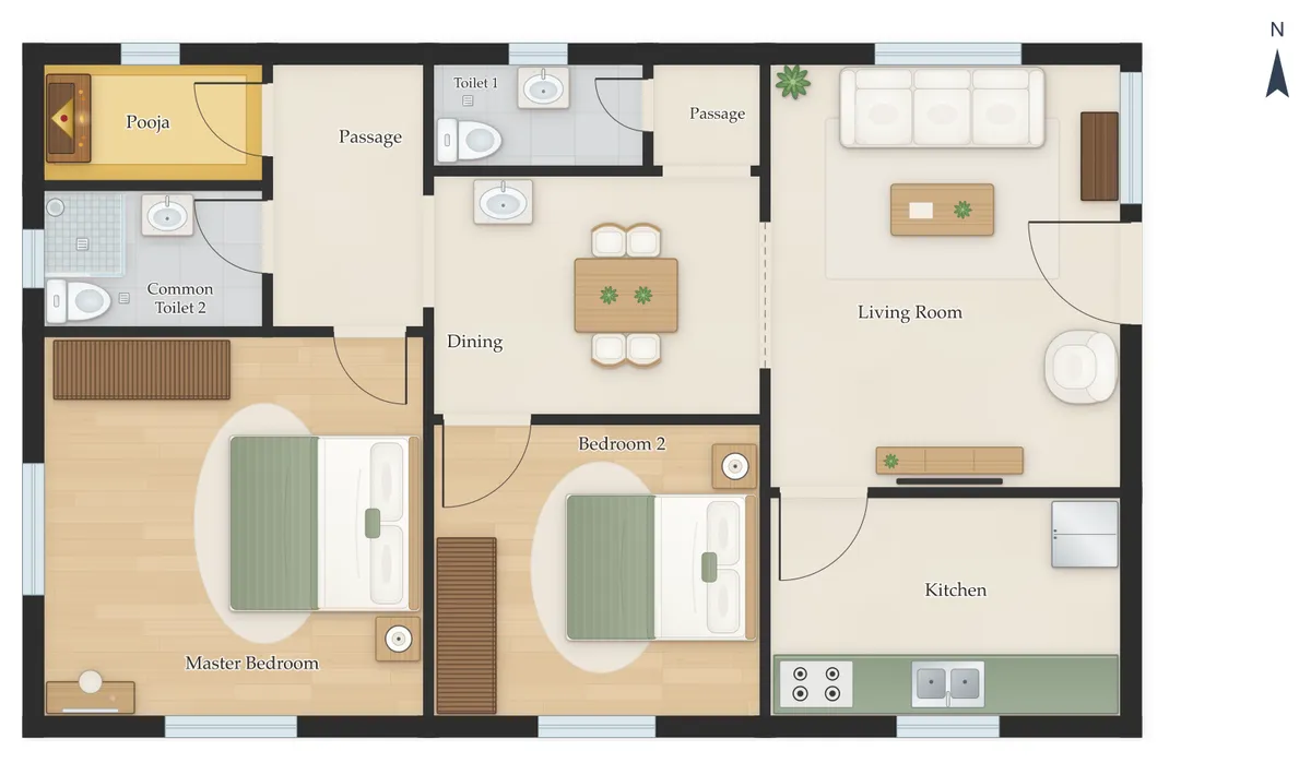 25×40 East Facing 2BHK House Plan, floor plan: Kitchen, Living Room, Bedroom 2, Dining, Common Toilet 1, Master Bedroom, Common Toilet 2, Pooja