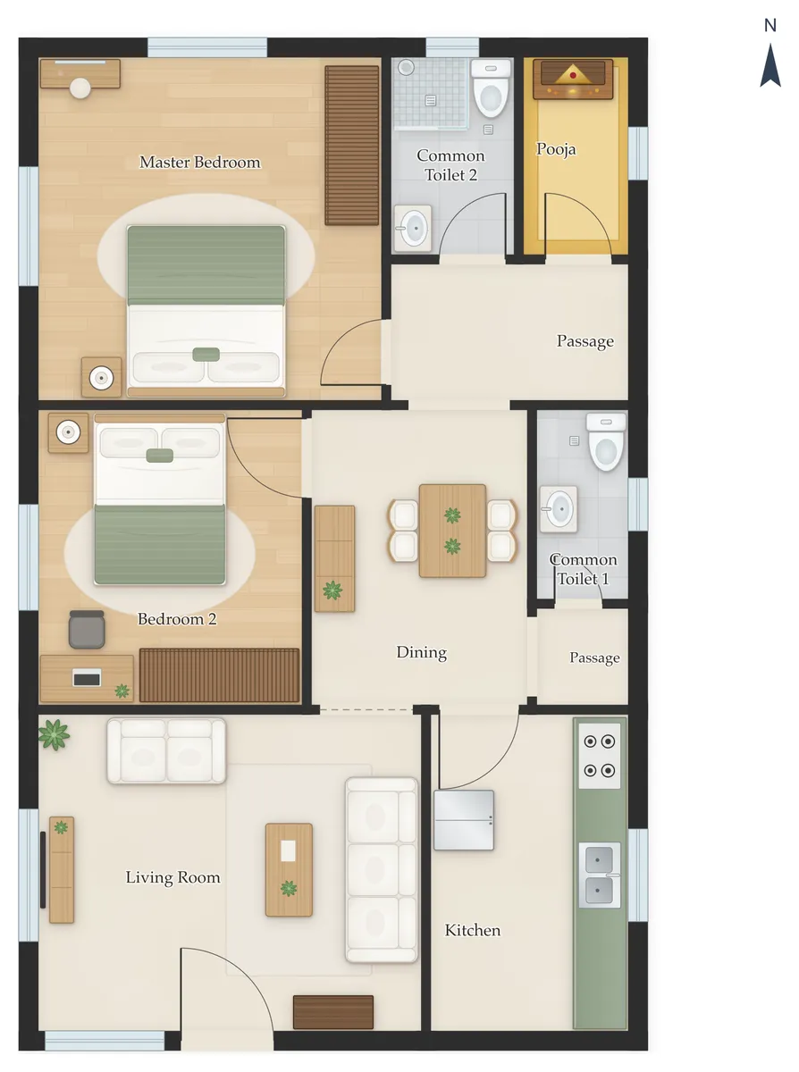 25×40 South Facing 2BHK House Plan