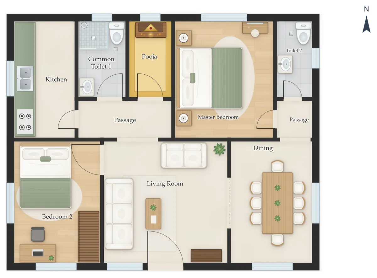 30×30 South Facing 2BHK House Plan