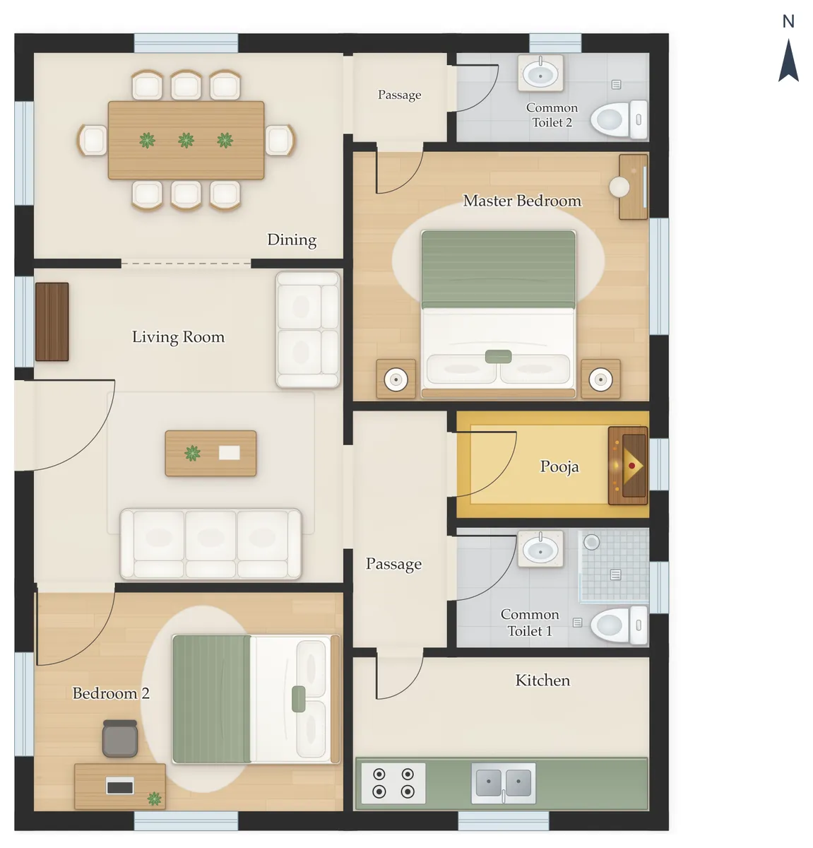 30×30 West Facing 2BHK House Plan