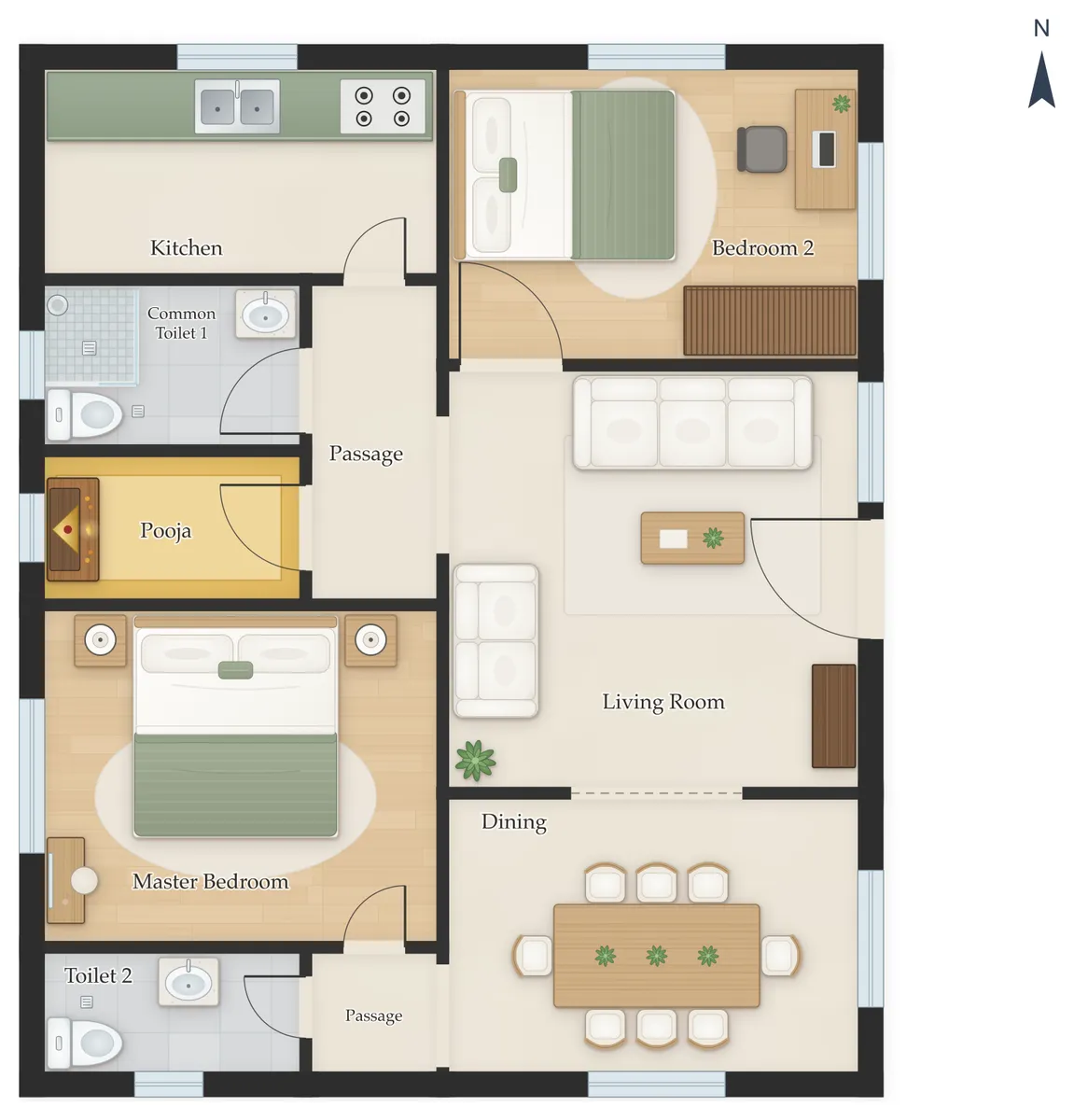 30×40 East Facing 2BHK House Plan, floor plan: Bedroom 2, Living Room, Dining, Kitchen, Common Toilet 1, Pooja, Master Bedroom, Common Toilet 2