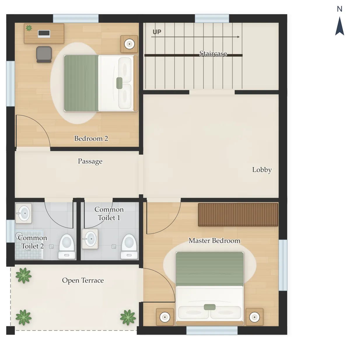 30×40 East Facing 3BHK Duplex (G+1) House Plan, first floor: Staircase, Master Bedroom, Bedroom 2, Common Toilet 1, Common Toilet 2, Open Terrace