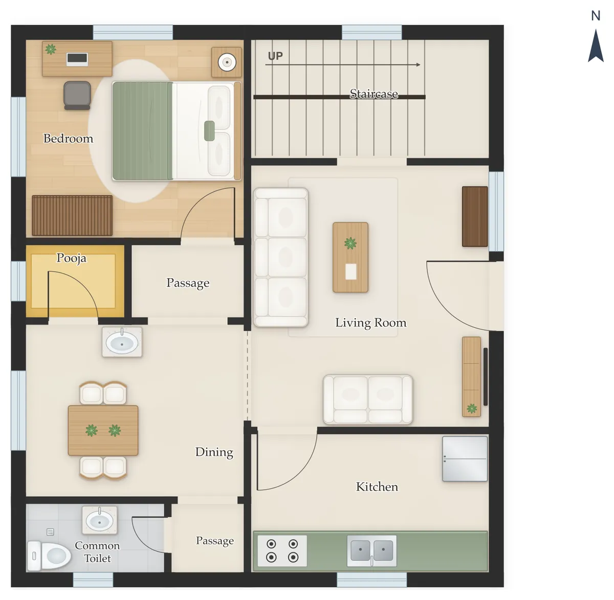 30×40 East Facing 3BHK Duplex (G+1) House Plan, ground floor: Staircase, Living Room, Kitchen, Bedroom, Pooja, Dining, Common Toilet