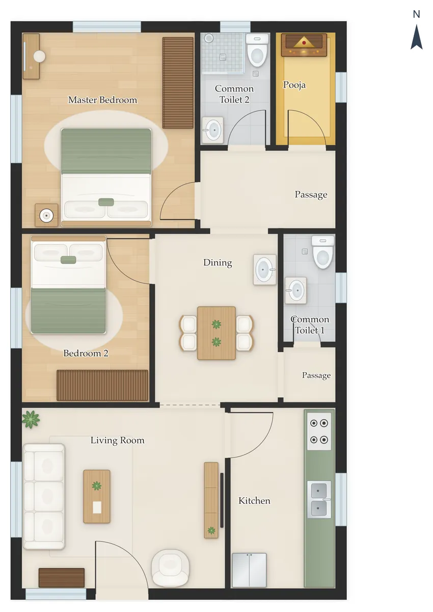 30×40 South Facing 2BHK House Plan, floor plan: Living Room, Kitchen, Bedroom 2, Dining, Common Toilet 1, Master Bedroom, Common Toilet 2, Pooja