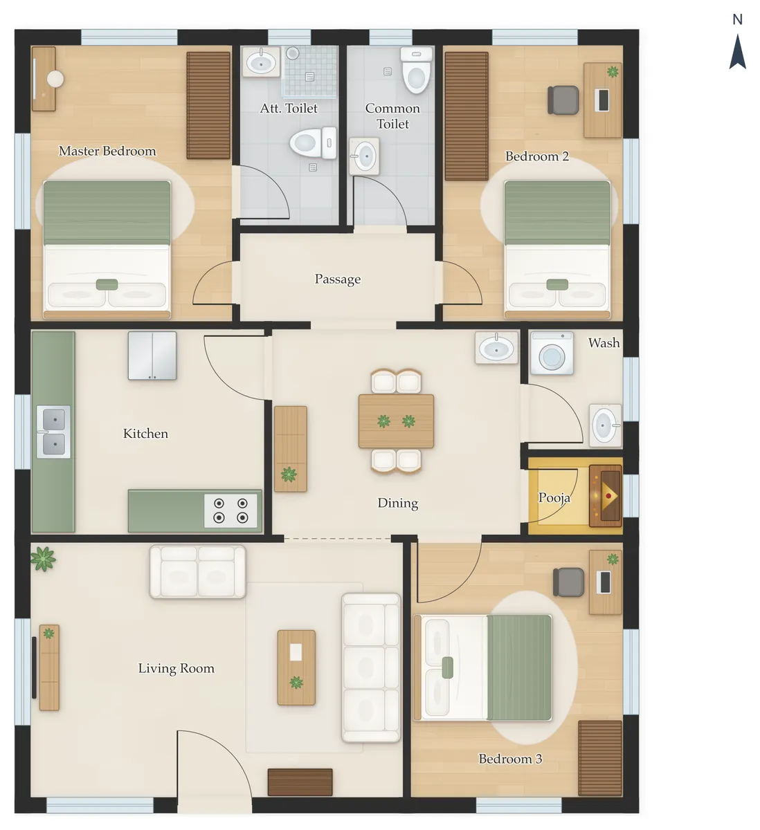 30×40 South Facing 3BHK House Plan
