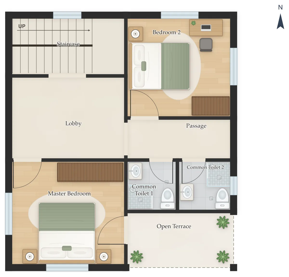 30×40 West Facing 3BHK Duplex (G+1) House Plan, first floor: Staircase, Master Bedroom, Open Terrace, Common Toilet 1, Common Toilet 2, Bedroom 2