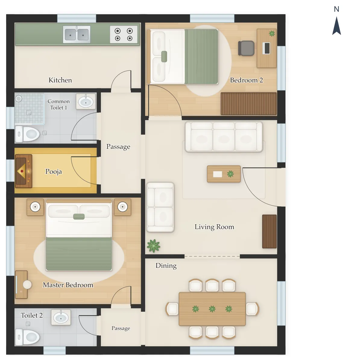 30×50 East Facing 2BHK House Plan