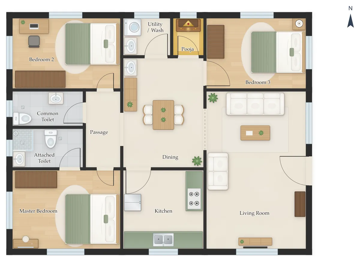 30×50 East Facing 3BHK House Plan