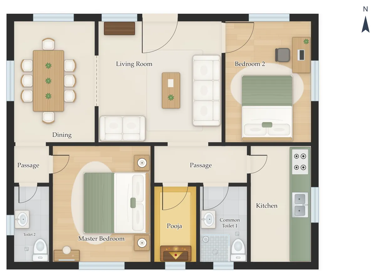 30×50 North Facing 2BHK House Plan