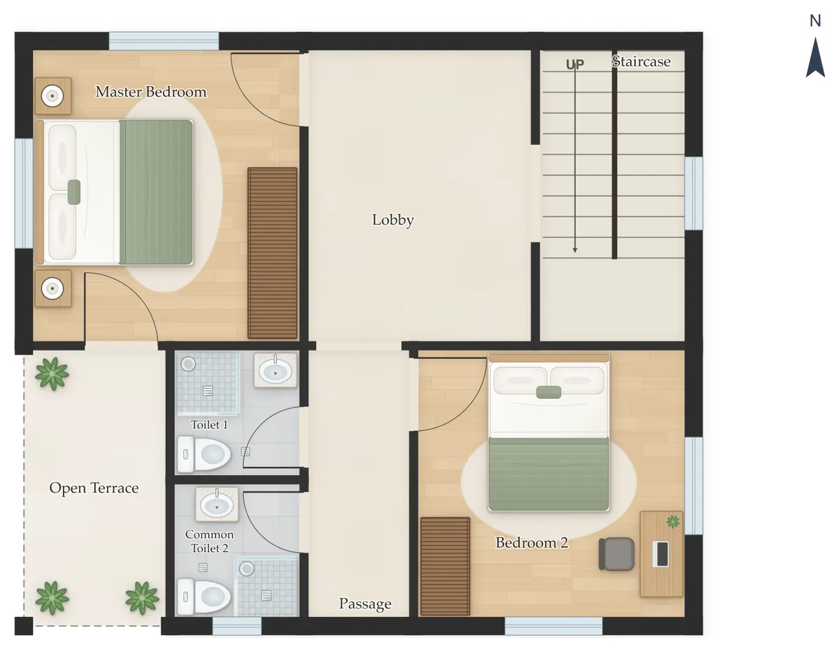 30×50 North Facing 3BHK Duplex (G+1) House Plan, first floor: Staircase, Master Bedroom, Bedroom 2, Common Toilet 1, Common Toilet 2, Open Terrace