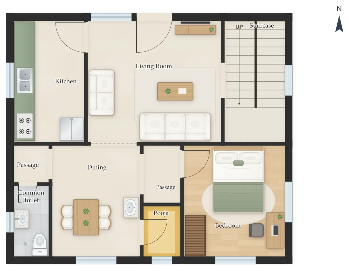 30×50 North Facing 3BHK Duplex (G+1) House Plan