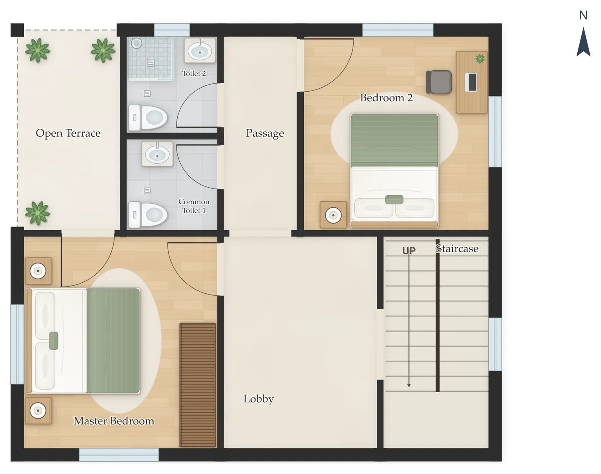30×50 South Facing 3BHK Duplex (G+1) House Plan, first floor: Staircase, Master Bedroom, Open Terrace, Common Toilet 1, Common Toilet 2, Bedroom 2