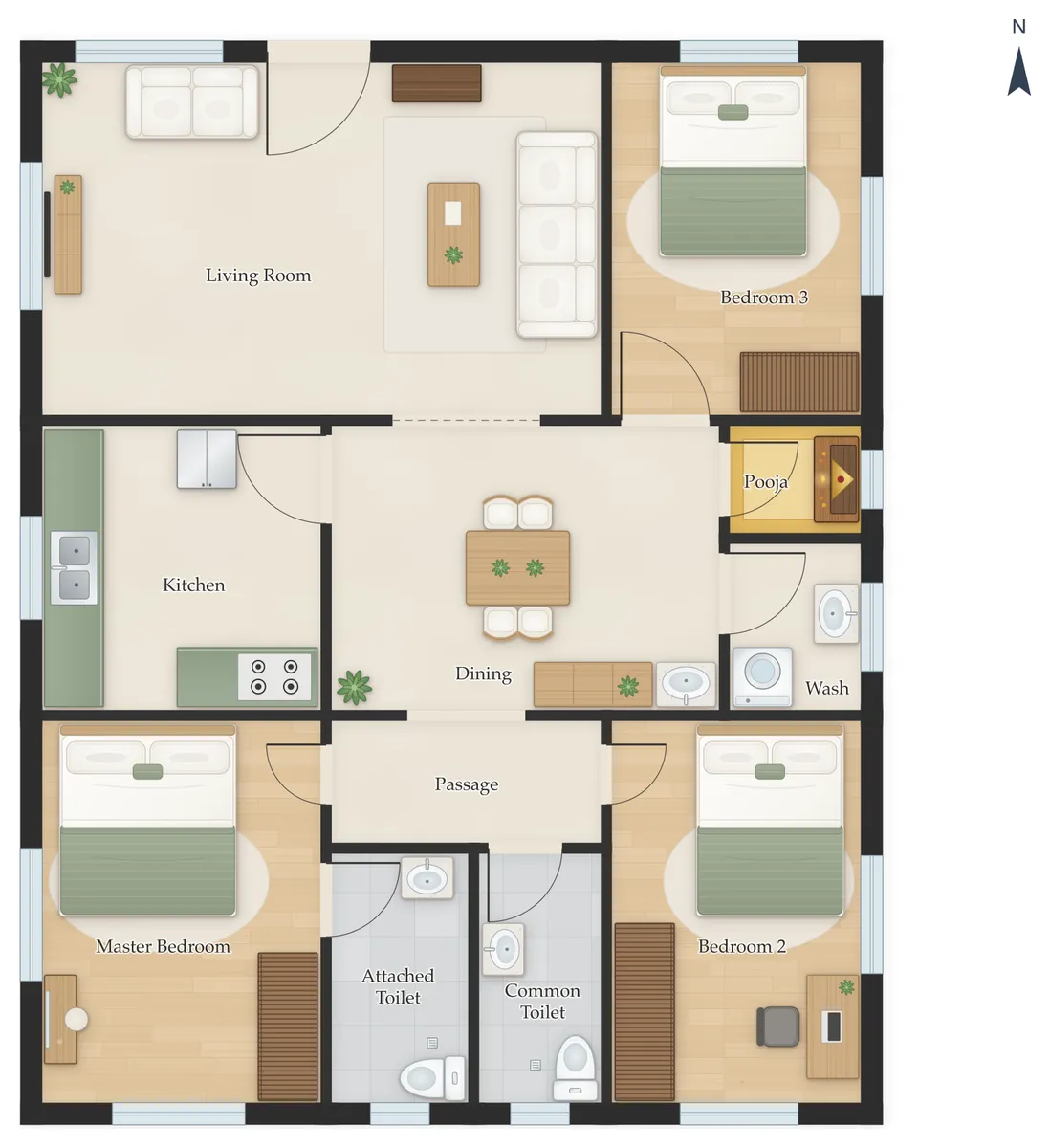 30×60 North Facing 3BHK House Plan