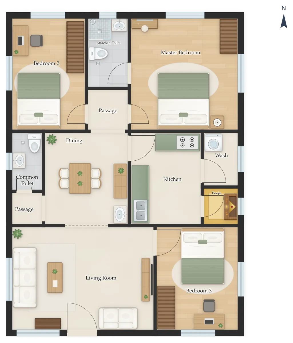 30×60 South Facing 3BHK House Plan