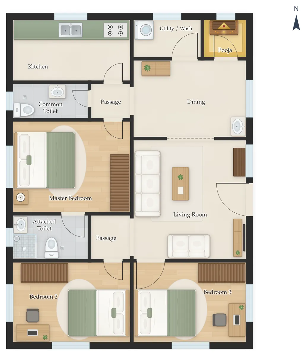 35×50 East Facing 3BHK House Plan