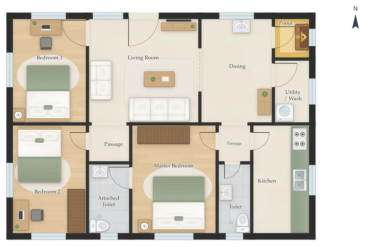 35×50 North Facing 3BHK House Plan