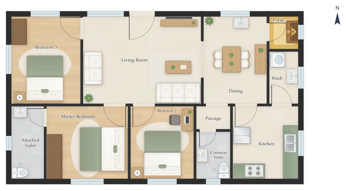 40×40 North Facing 3BHK House Plan