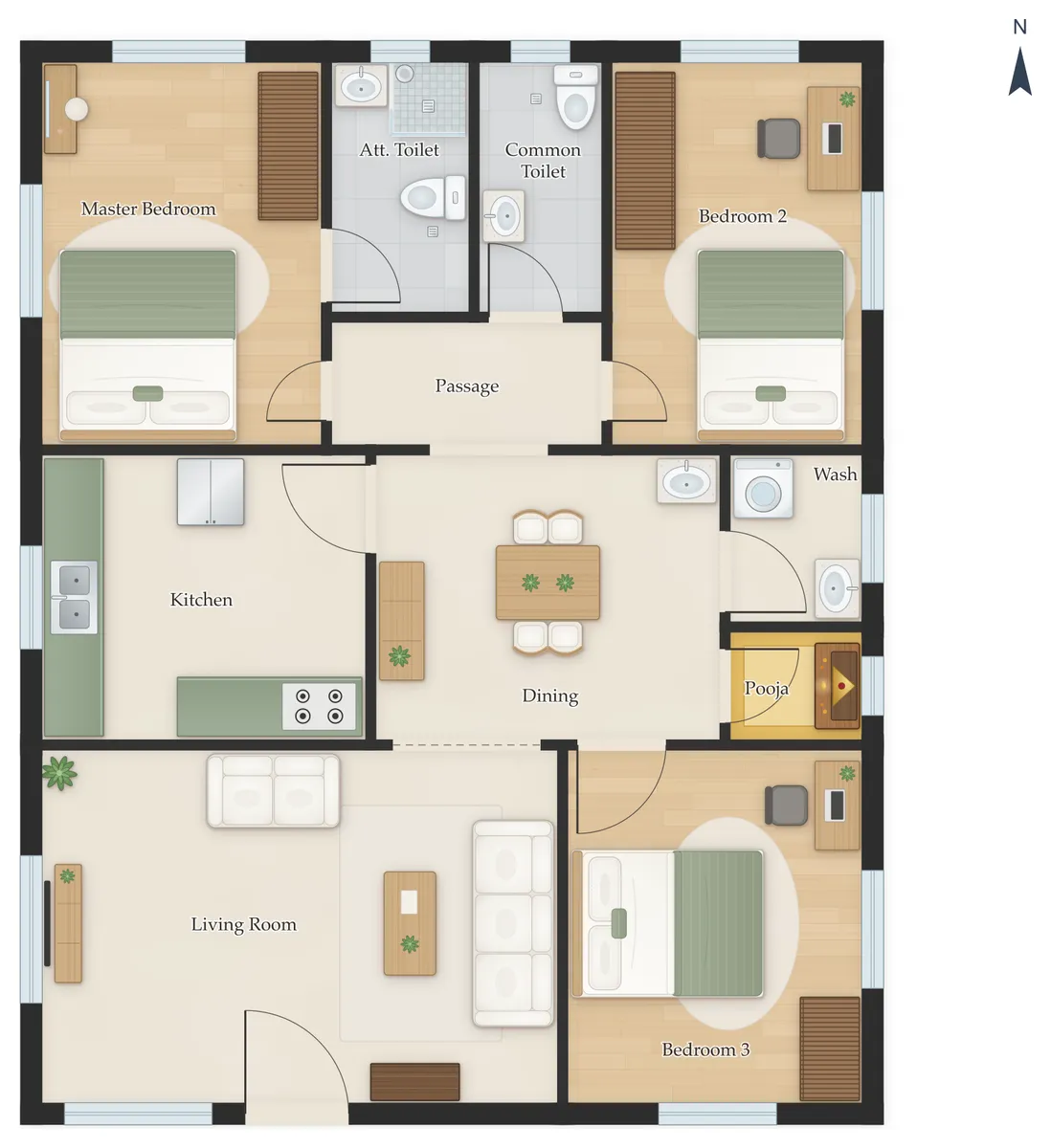 40×40 South Facing 3BHK House Plan