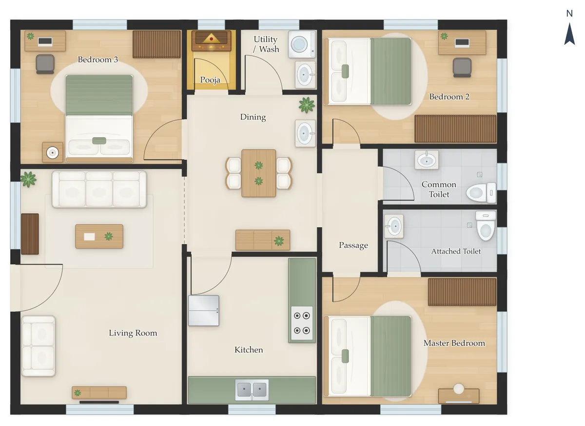 40×40 West Facing 3BHK House Plan