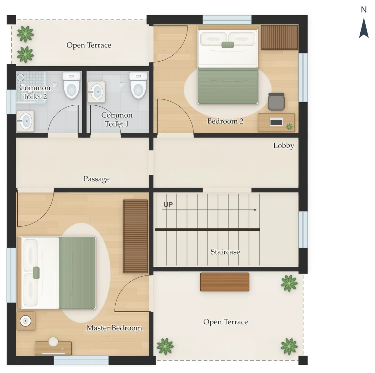 40×60 East Facing 3BHK Duplex (G+1) House Plan, first floor: Staircase, Bedroom 2, Open Terrace, Open Terrace, Common Toilet 1, Common Toilet 2, Master Bedroom
