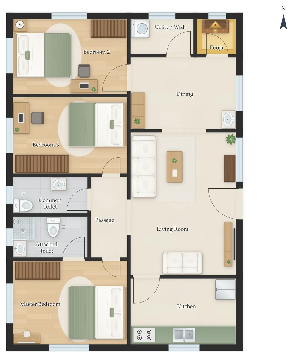 40×60 East Facing 3BHK House Plan, floor plan: Kitchen, Living Room, Dining, Pooja, Utility / Wash, Master Bedroom, Attached Toilet, Common Toilet, Bedroom 3, Bedroom 2