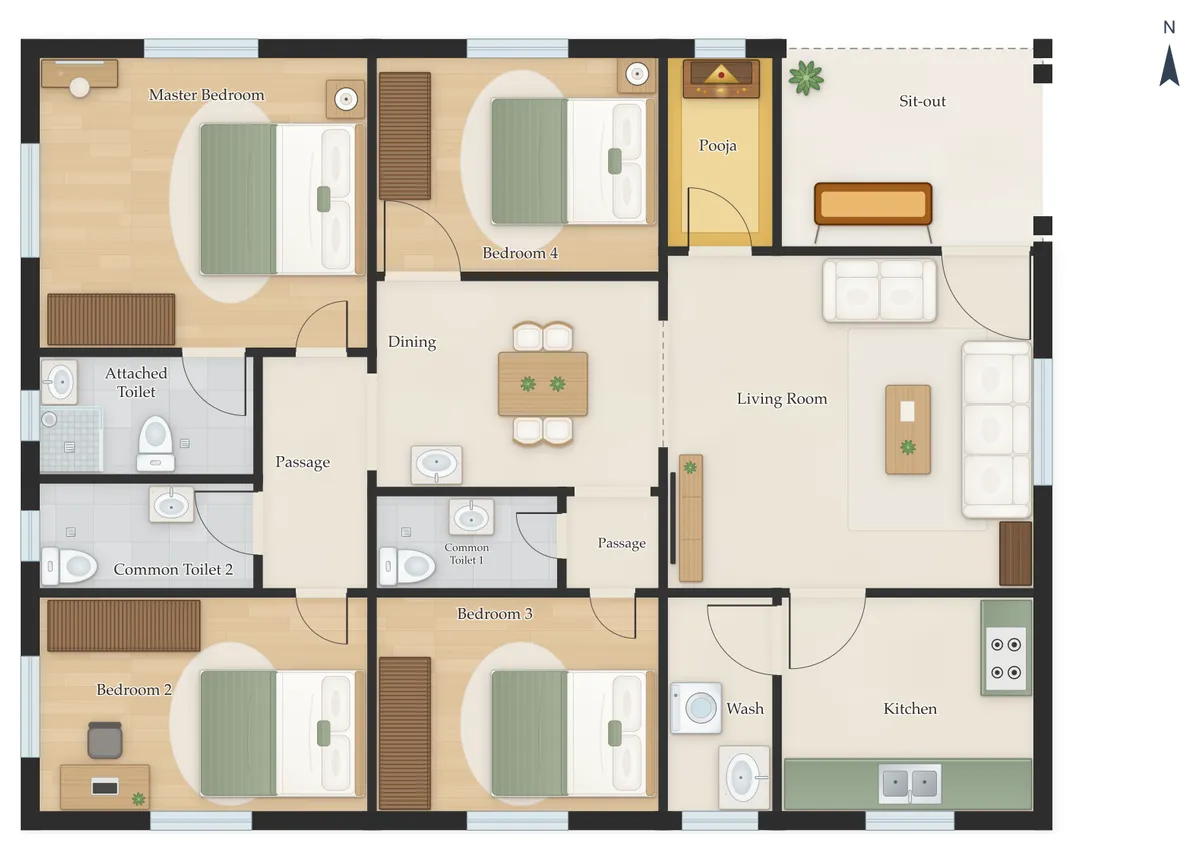 40×60 East Facing 4BHK House Plan