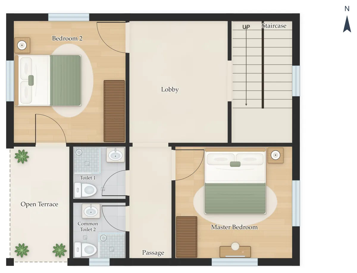 40×60 North Facing 3BHK Duplex (G+1) House Plan, first floor: Staircase, Bedroom 2, Master Bedroom, Common Toilet 1, Common Toilet 2, Open Terrace