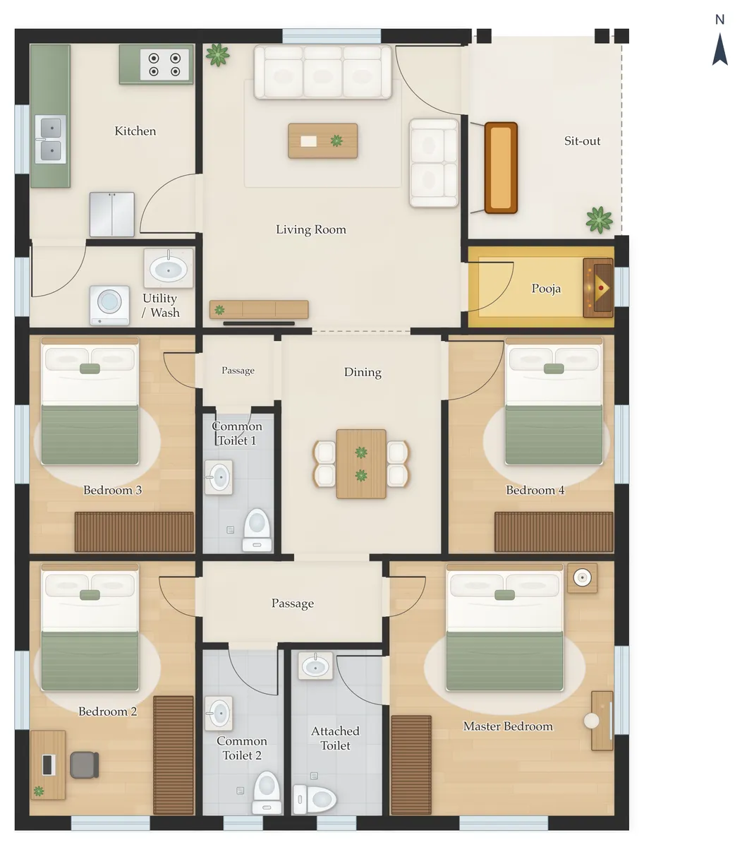 40×60 North Facing 4BHK House Plan