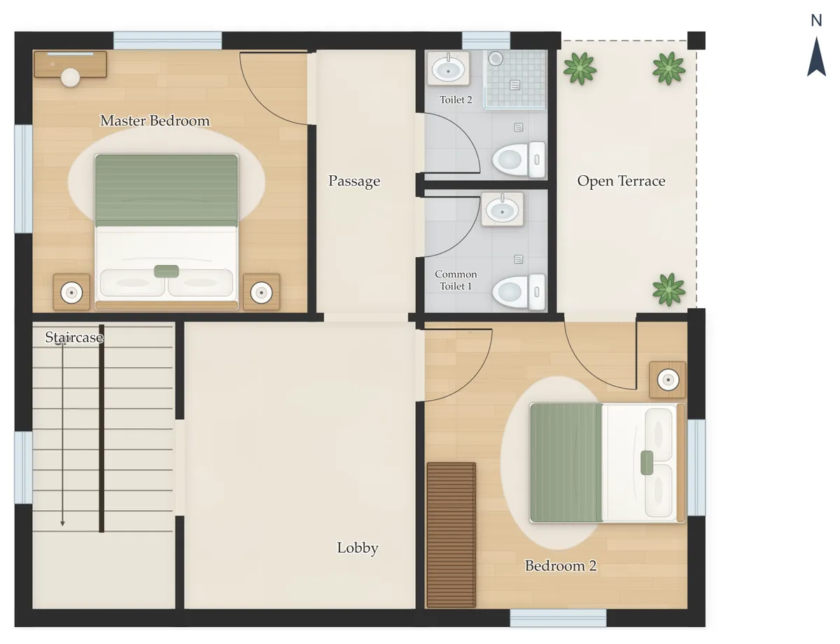 40×60 South Facing 3BHK Duplex (G+1) House Plan, first floor: Staircase, Bedroom 2, Master Bedroom, Common Toilet 1, Common Toilet 2, Open Terrace