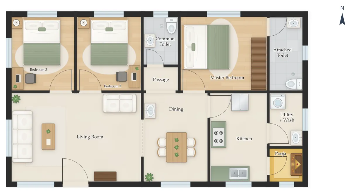 40×60 South Facing 3BHK House Plan