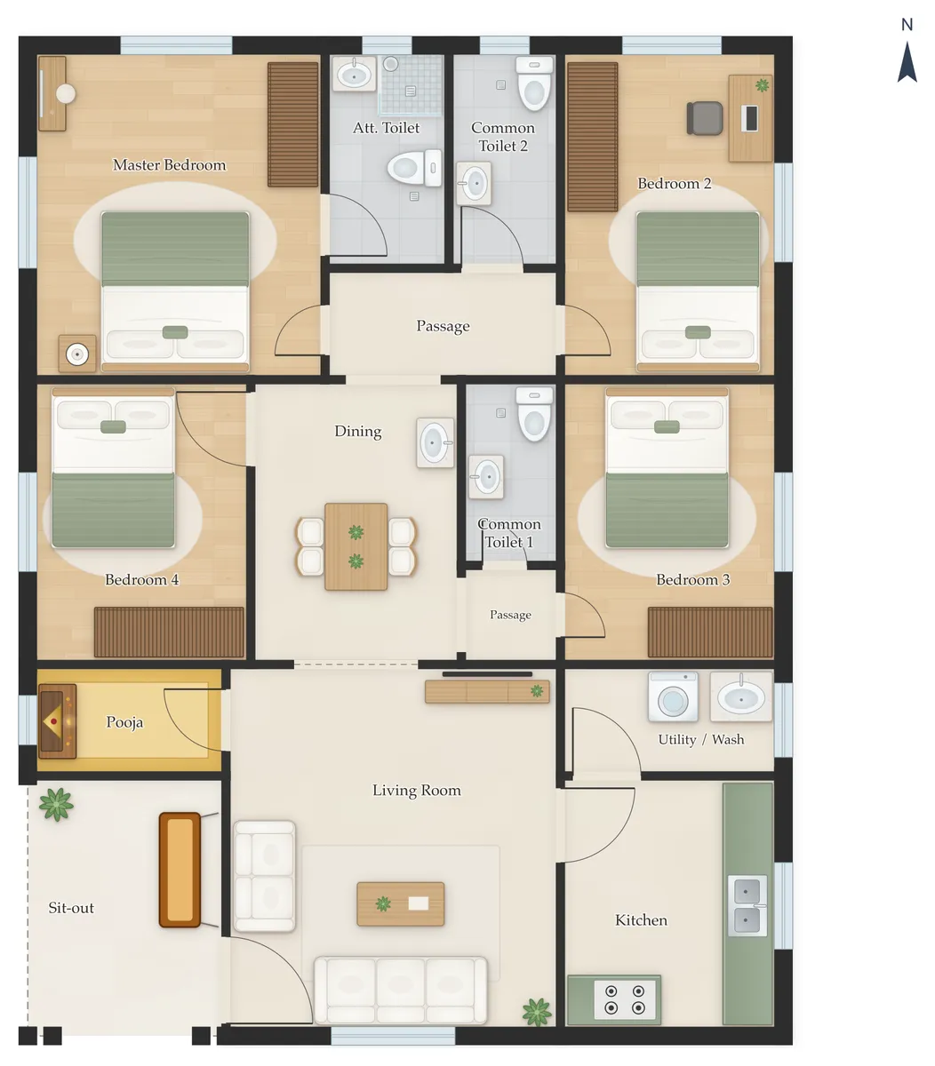 40×60 South Facing 4BHK House Plan