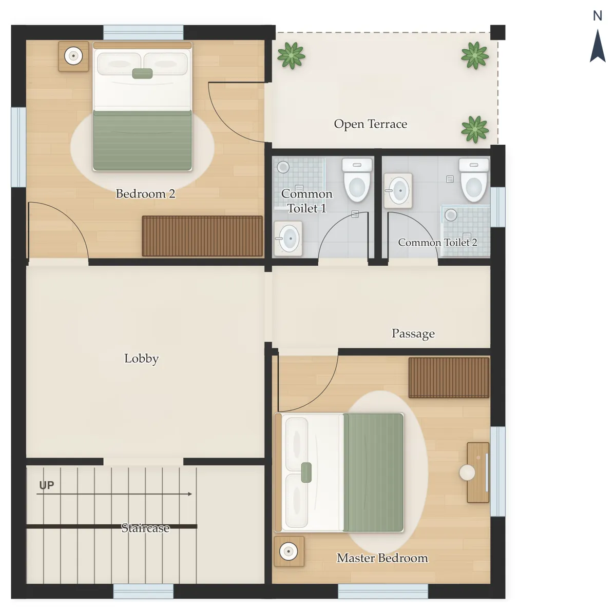 40×60 West Facing 3BHK Duplex (G+1) House Plan, first floor: Staircase, Bedroom 2, Master Bedroom, Common Toilet 1, Common Toilet 2, Open Terrace